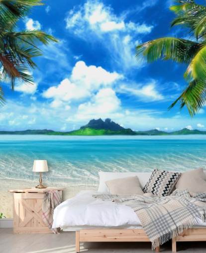 blauwe en groene strandbehangmuurschildering genaamd Paradise Island voor slaapkamers, badkamers en woonkamers