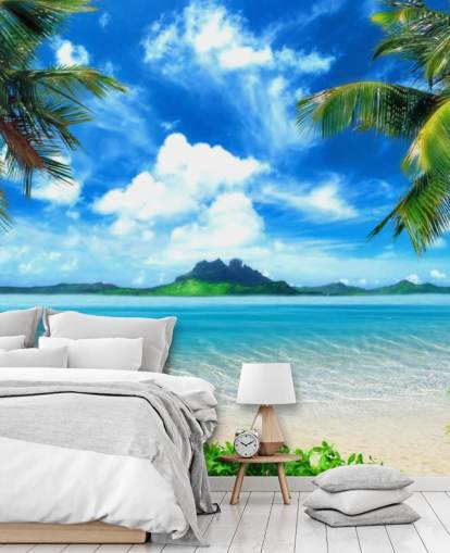 blue and green beach wallpaper mural called Paradise Island for bedrooms, bathrooms and living rooms