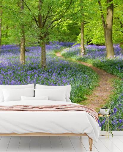 blå och grön skogstapetväggmålning kallad Bluebell Woodland för sovrum eller matsalar blå och grön skogstapetväggmålning kallad Bluebell Woodland för sovrum eller matsalar