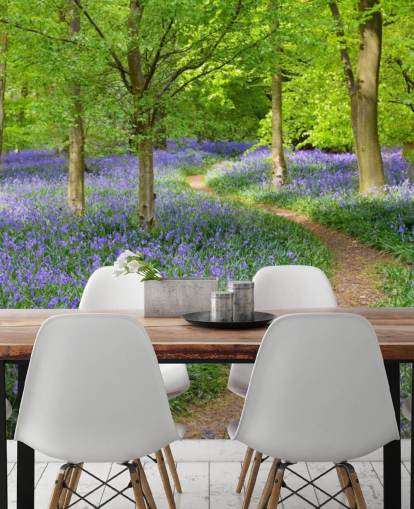 blaues und grünes Waldtapeten-Wandbild namens Bluebell Woodland für Schlafzimmer oder Esszimmer blaues und grünes Waldtapeten-Wandbild namens Bluebell Woodland für Schlafzimmer oder Esszimmer