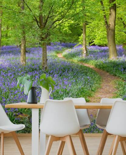 blå og grøn skovtapet vægmaleri kaldet Bluebell Woodland til soveværelser eller spisestuer blå og grøn skovtapet vægmaleri kaldet Bluebell Woodland til soveværelser eller spisestuer
