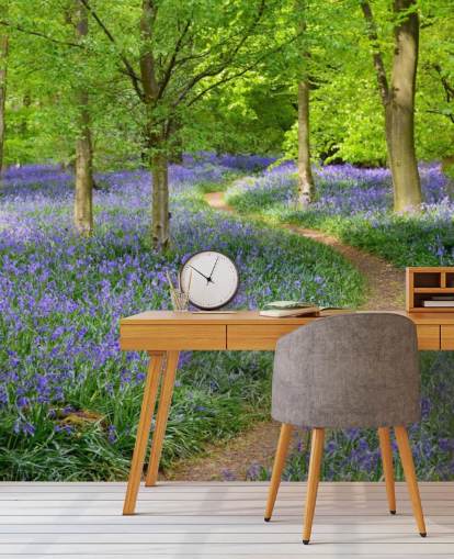blue and green woodland wallpaper mural called Bluebell Woodland for bedrooms or dining rooms blue and green woodland wallpaper mural called Bluebell Woodland for bedrooms or dining rooms