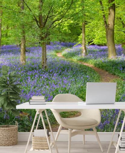 sininen ja vihreä metsätaustakuvamaalaus nimeltä Bluebell Woodland makuuhuoneisiin tai ruokasaleihin sininen ja vihreä metsätaustakuvamaalaus nimeltä Bluebell Woodland makuuhuoneisiin tai ruokasaleihin