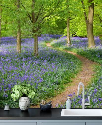 blue and green woodland wallpaper mural called Bluebell Woodland for bedrooms or dining rooms