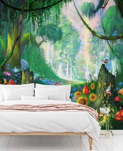 colorido mural de papel pintado de hadas personalizable llamado Hidden Treasure de Philip Straub para dormitorio infantil