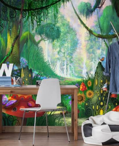 colorido mural de papel pintado de hadas personalizable llamado Hidden Treasure de Philip Straub para dormitorio infantil