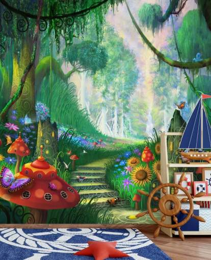 colourful customisable fairy wallpaper mural called Hidden Treasure by Philip Straub for child's bedroom