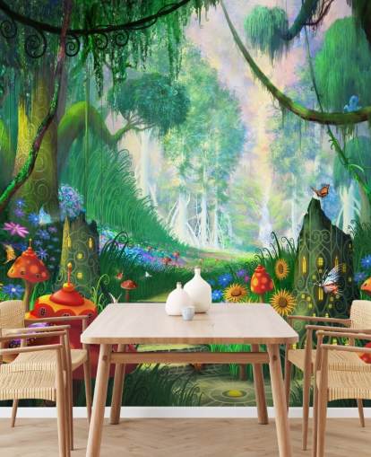 colorido mural de papel pintado de hadas personalizable llamado Hidden Treasure de Philip Straub para dormitorio infantil