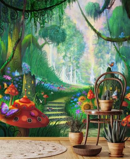 colorful customizable fairy wallpaper mural called Hidden Treasure by Philip Straub for child's bedroom