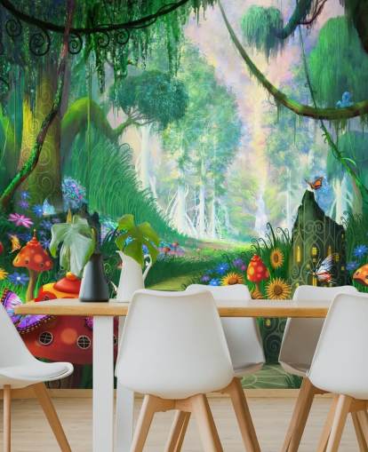 colorido mural de papel pintado de hadas personalizable llamado Hidden Treasure de Philip Straub para dormitorio infantil