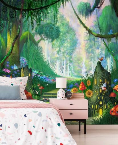 colourful customisable fairy wallpaper mural called Hidden Treasure by Philip Straub for child's bedroom