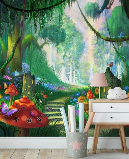 colorful customizable fairy wallpaper mural called Hidden Treasure by Philip Straub for child's bedroom colorful customizable fairy wallpaper mural called Hidden Treasure by Philip Straub for child's bedroom