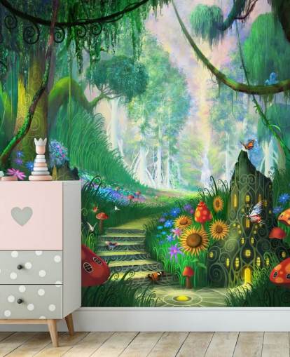 mural colorido de papel de parede de fadas personalizável chamado Hidden Treasure, de Philip Straub, para quarto de criança