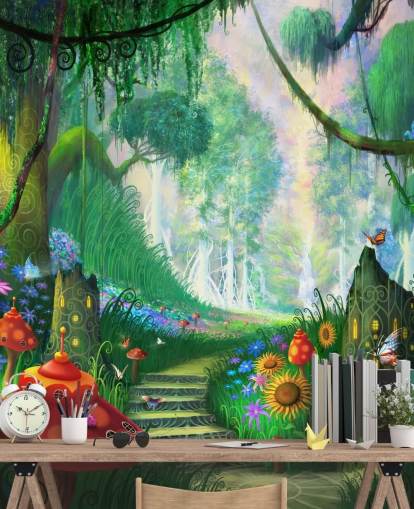 colorful customizable fairy wallpaper mural called Hidden Treasure by Philip Straub for child's bedroom