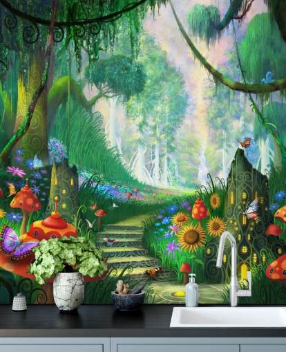 colorful customizable fairy wallpaper mural called Hidden Treasure by Philip Straub for child's bedroom