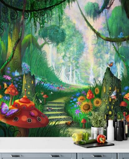 colorido mural de papel pintado de hadas personalizable llamado Hidden Treasure de Philip Straub para dormitorio infantil