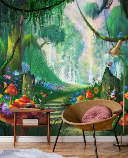 carta da parati murale colorata personalizzabile a forma di fata chiamata Hidden Treasure di Philip Straub per la cameretta dei bambini