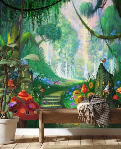 colorido mural de papel pintado de hadas personalizable llamado Hidden Treasure de Philip Straub para dormitorio infantil