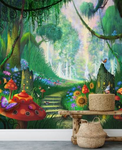 colorful customizable fairy wallpaper mural called Hidden Treasure by Philip Straub for child's bedroom colorful customizable fairy wallpaper mural called Hidden Treasure by Philip Straub for child's bedroom