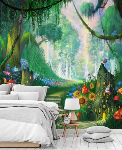 colorido mural de papel pintado de hadas personalizable llamado Hidden Treasure de Philip Straub para dormitorio infantil