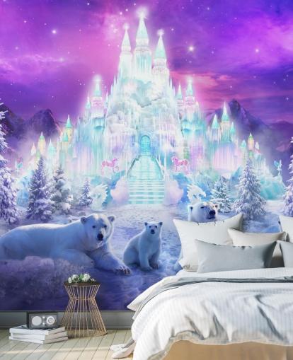 mural de papel pintado personalizado de osos polares de invierno en blanco y morado llamado A Winter Wonderland de Philip Straub para dormitorios de niños