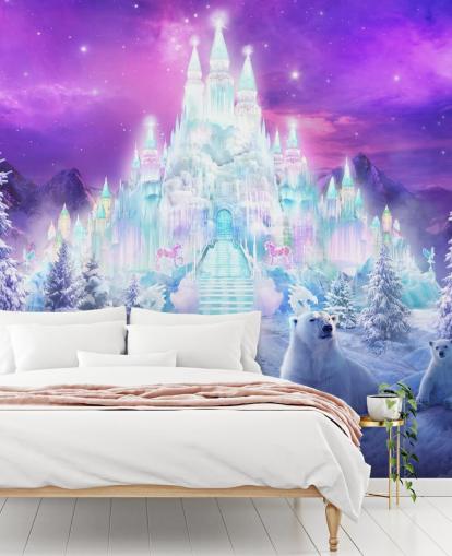 purple and white custom winter polar bear wallpaper mural called A Winter Wonderland by Philip Straub for child's bedrooms