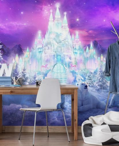 mural de papel de parede de urso polar de inverno personalizado em roxo e branco chamado A Winter Wonderland, de Philip Straub, para quartos infantis mural de papel de parede de urso polar de inverno personalizado em roxo e branco chamado A Winter Wonderland, de Philip Straub, para quartos infantis
