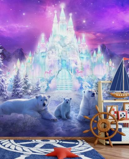Wandbild „A Winter Wonderland“ von Philip Straub für Kinderzimmer, individuelle Winter-Eisbär-Tapete in Violett und Weiß