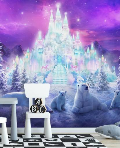 Wandbild „A Winter Wonderland“ von Philip Straub für Kinderzimmer, individuelle Winter-Eisbär-Tapete in Violett und Weiß