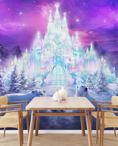 lila och vit anpassad vinterisbjörn tapetväggmålning kallad A Winter Wonderland av Philip Straub för barns sovrum