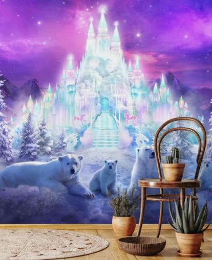 purple and white custom winter polar bear wallpaper mural called A Winter Wonderland by Philip Straub for child's bedrooms