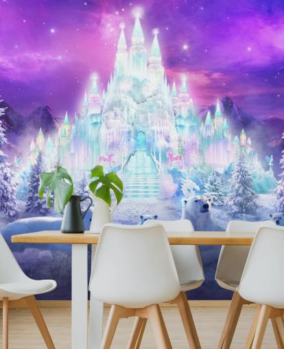 lila och vit anpassad vinterisbjörn tapetväggmålning kallad A Winter Wonderland av Philip Straub för barns sovrum