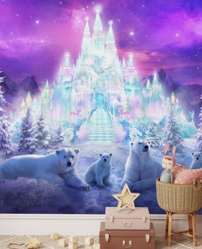 paars-witte op maat gemaakte muurschildering voor winterijsberen genaamd A Winter Wonderland van Philip Straub voor kinderkamers paars-witte op maat gemaakte muurschildering voor winterijsberen genaamd A Winter Wonderland van Philip Straub voor kinderkamers