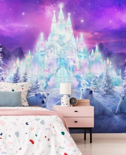 purple and white custom winter polar bear wallpaper mural called A Winter Wonderland by Philip Straub for child's bedrooms