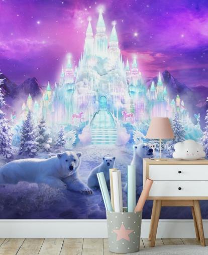 purple and white custom winter polar bear wallpaper mural called A Winter Wonderland by Philip Straub for child's bedrooms