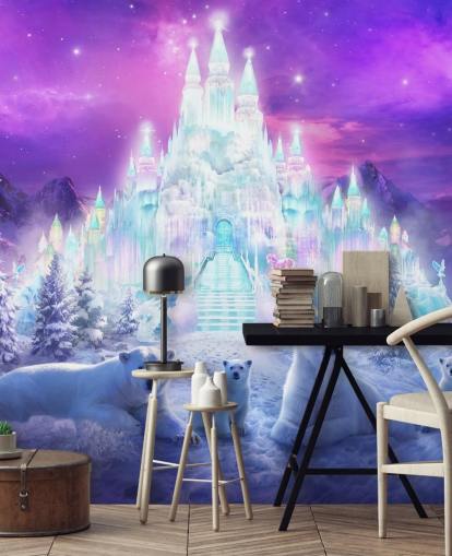 purple and white custom winter polar bear wallpaper mural called A Winter Wonderland by Philip Straub for child's bedrooms