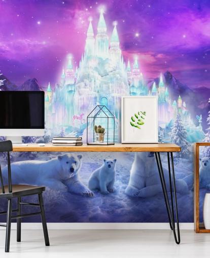 murale di carta da parati invernale personalizzato viola e bianco con orso polare chiamato A Winter Wonderland di Philip Straub per le camerette dei bambini