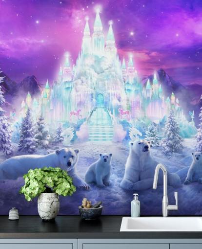 purple and white custom winter polar bear wallpaper mural called A Winter Wonderland by Philip Straub for child's bedrooms