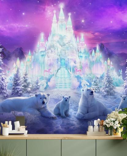 purple and white custom winter polar bear wallpaper mural called A Winter Wonderland by Philip Straub for child's bedrooms