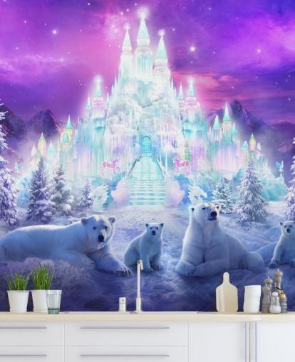 mural de papel pintado personalizado de osos polares de invierno en blanco y morado llamado A Winter Wonderland de Philip Straub para dormitorios de niños
