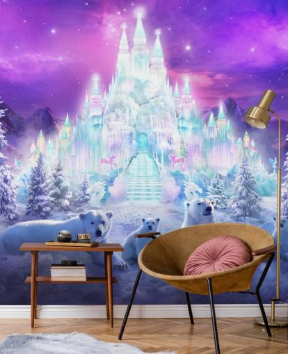 Wandbild „A Winter Wonderland“ von Philip Straub für Kinderzimmer, individuelle Winter-Eisbär-Tapete in Violett und Weiß