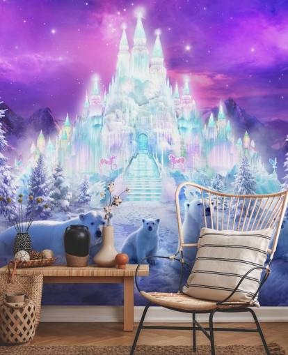 Wandbild „A Winter Wonderland“ von Philip Straub für Kinderzimmer, individuelle Winter-Eisbär-Tapete in Violett und Weiß