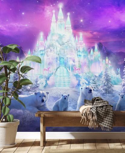 lilla og hvitt tilpasset vinterisbjørn tapetmaleri kalt A Winter Wonderland av Philip Straub for barnas soverom