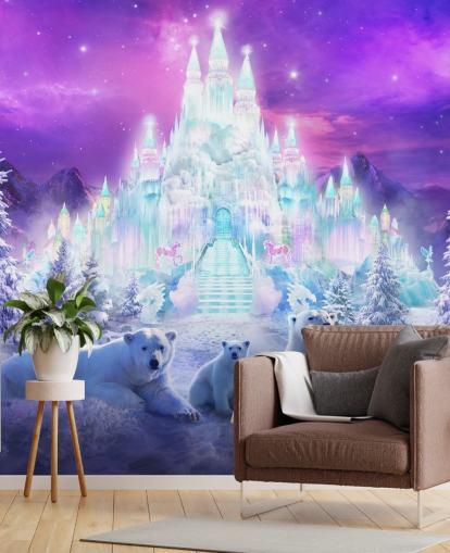 mural de papel pintado personalizado de osos polares de invierno en blanco y morado llamado A Winter Wonderland de Philip Straub para dormitorios de niños