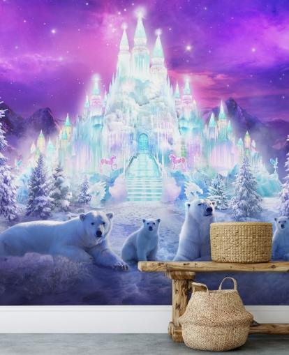 mural de papel pintado personalizado de osos polares de invierno en blanco y morado llamado A Winter Wonderland de Philip Straub para dormitorios de niños