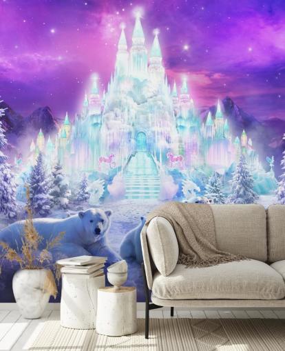 purple and white custom winter polar bear wallpaper mural called A Winter Wonderland by Philip Straub for child's bedrooms