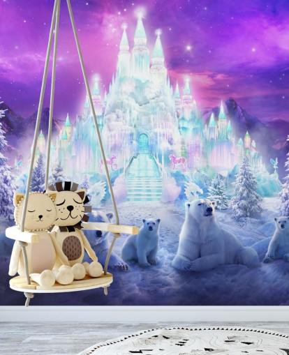purple and white custom winter polar bear wallpaper mural called A Winter Wonderland by Philip Straub for child's bedrooms