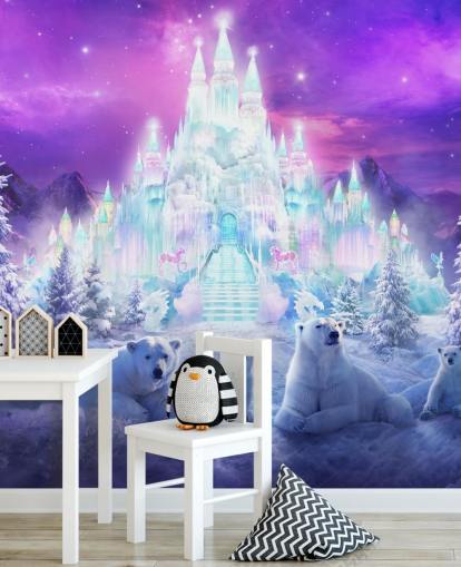 purple and white custom winter polar bear wallpaper mural called A Winter Wonderland by Philip Straub for child's bedrooms