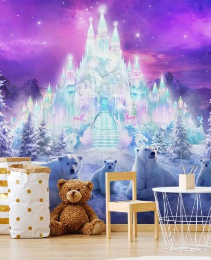 lila och vit anpassad vinterisbjörn tapetväggmålning kallad A Winter Wonderland av Philip Straub för barns sovrum