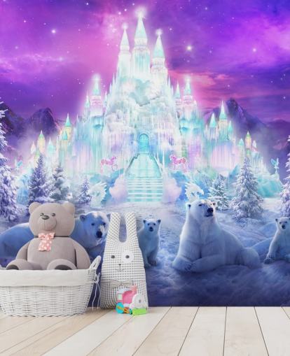 mural de papel pintado personalizado de osos polares de invierno en blanco y morado llamado A Winter Wonderland de Philip Straub para dormitorios de niños